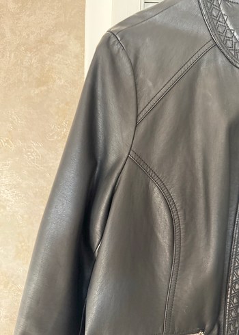 LC Waikiki Nakışlı Siyah Deri Biker Ceket