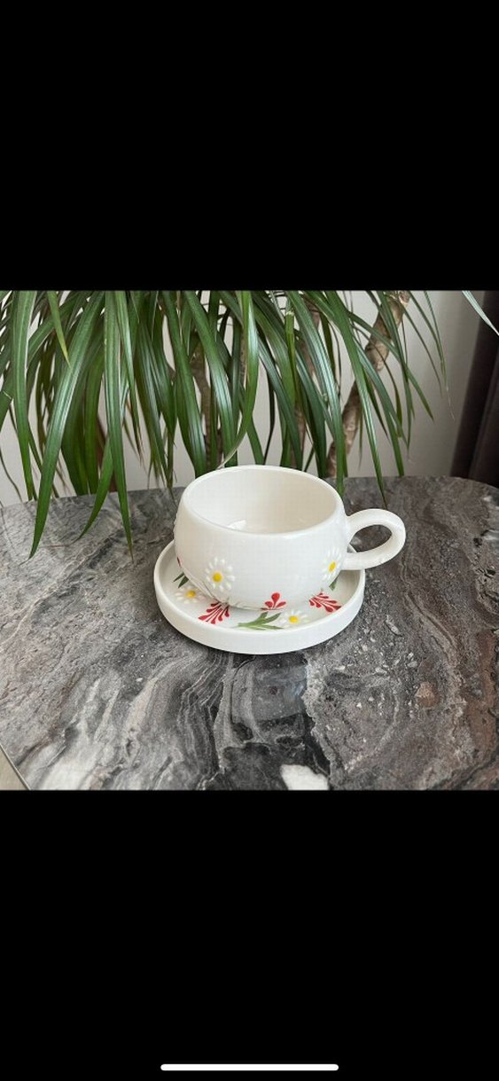 Kiraz Desenli Beyaz Fincan ve Tabağı - Görsel 2