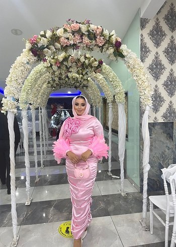 Pembe Uzun Kol Drapeli Abiye Elbise
