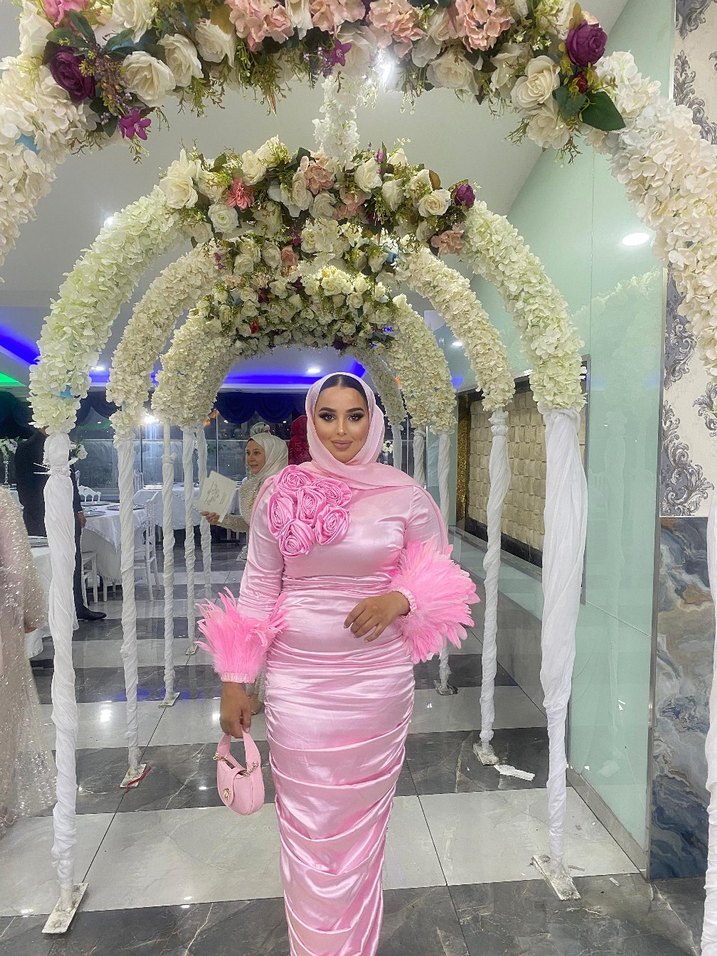 Pembe Uzun Kol Drapeli Abiye Elbise - Görsel 3