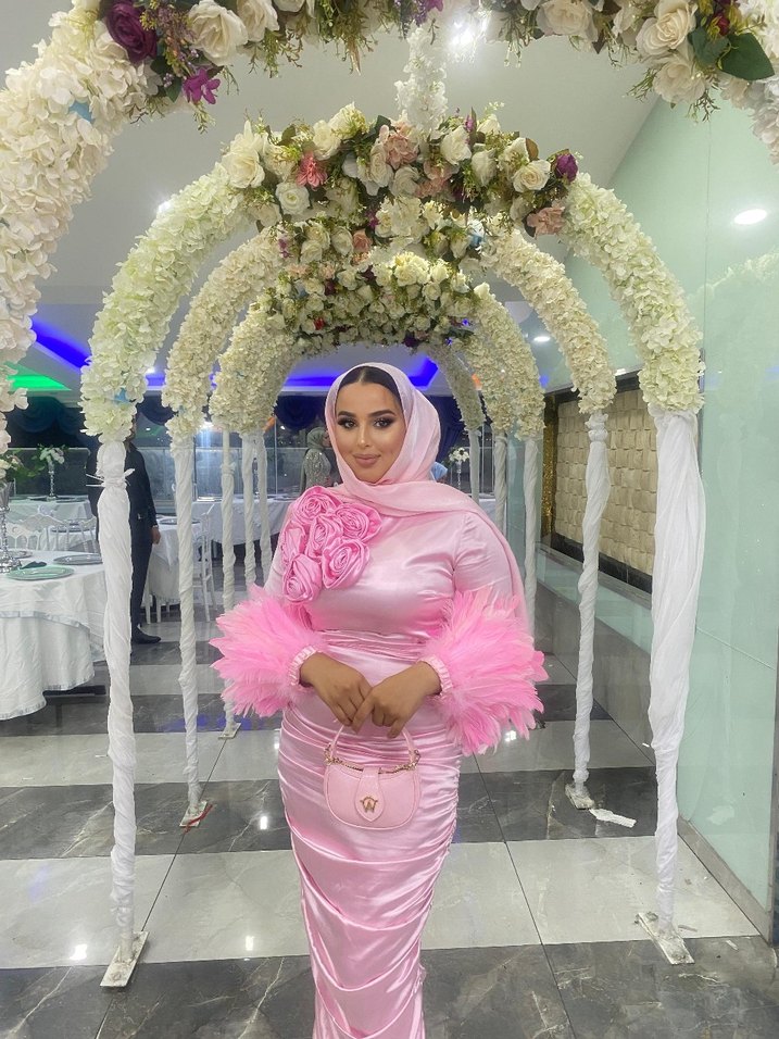 Pembe Uzun Kol Drapeli Abiye Elbise - Görsel 2