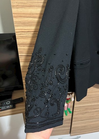diğer Beden siyah Renk Siyah Kadın İşlemeli Midi Blazer Ceket