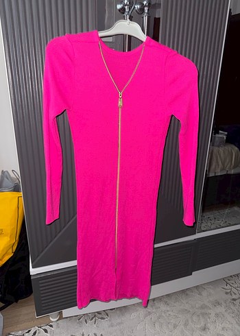 Fermuarlı Uzun Kollu Pembe Triko Elbise - Görsel 2