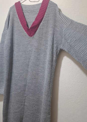 Zara V Yaka Gri Uzun Örgü elbise kışlık