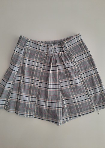 xs Beden gri Renk Bershka, Gri Ekose Desenli Mini Sort Etek