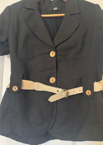 Kısa Kollu Siyah Keten Blazer Ceket ve Pantolon Takım - Görsel 2