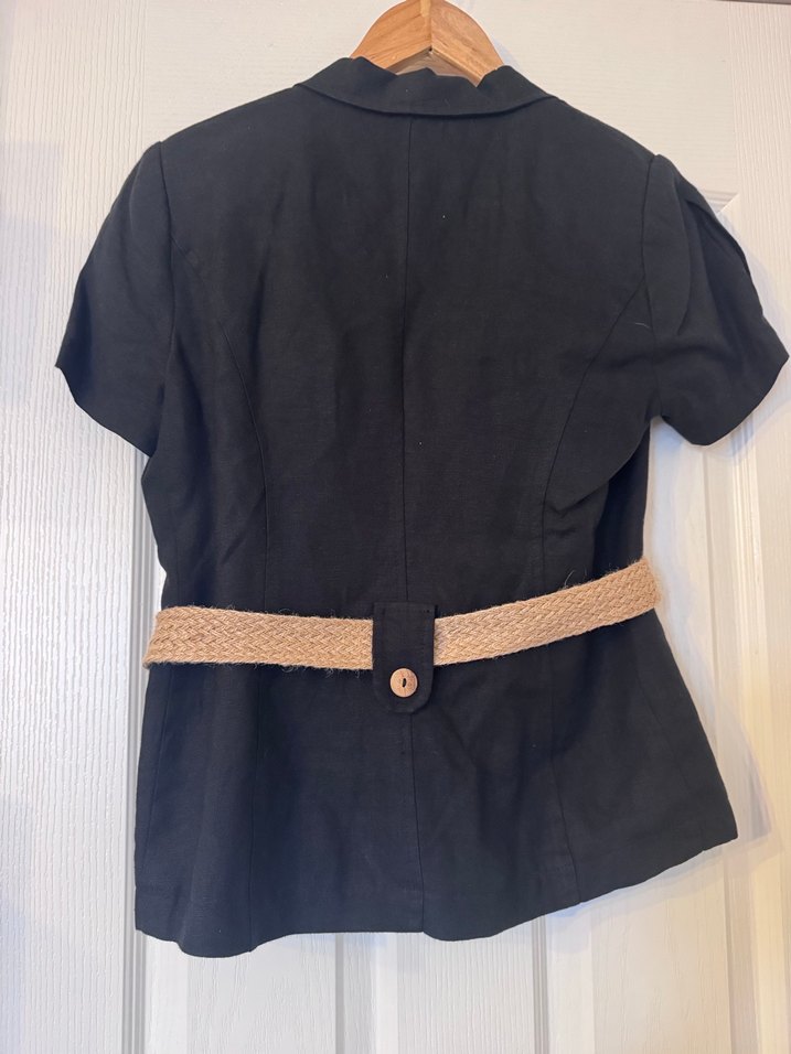 Kısa Kollu Siyah Keten Blazer Ceket ve Pantolon Takım - Görsel 3