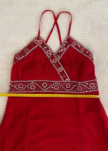 BONCUK İŞLEMELİ  KIRMIZI ABİYE ELBİSE - Görsel 5