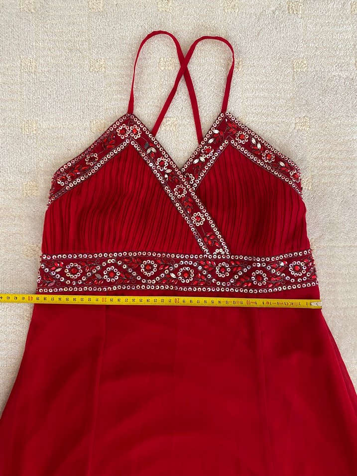BONCUK İŞLEMELİ  KIRMIZI ABİYE ELBİSE - Görsel 5