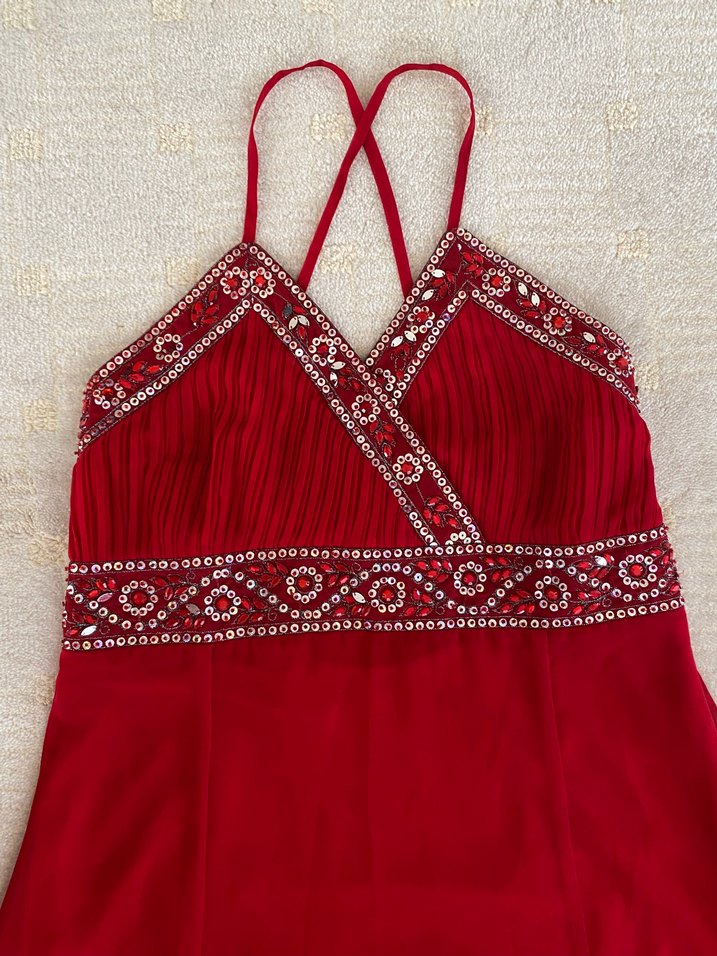 BONCUK İŞLEMELİ  KIRMIZI ABİYE ELBİSE - Görsel 4