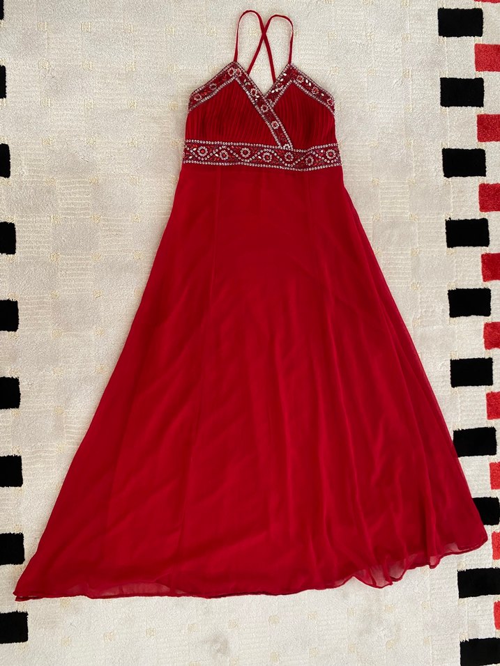 BONCUK İŞLEMELİ  KIRMIZI ABİYE ELBİSE - Görsel 2