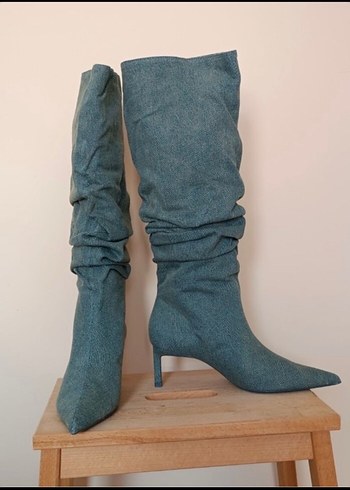 Denim Kısa Topuklu Çizme