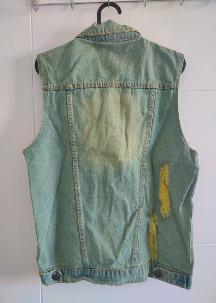 Mavi Yeşil Tonlarda Eskitme Kot Yelek - Görsel 2