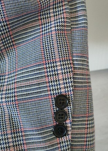 Gri Ekoseli Tek Düğmeli Kadın Blazer Ceket - Görsel 4