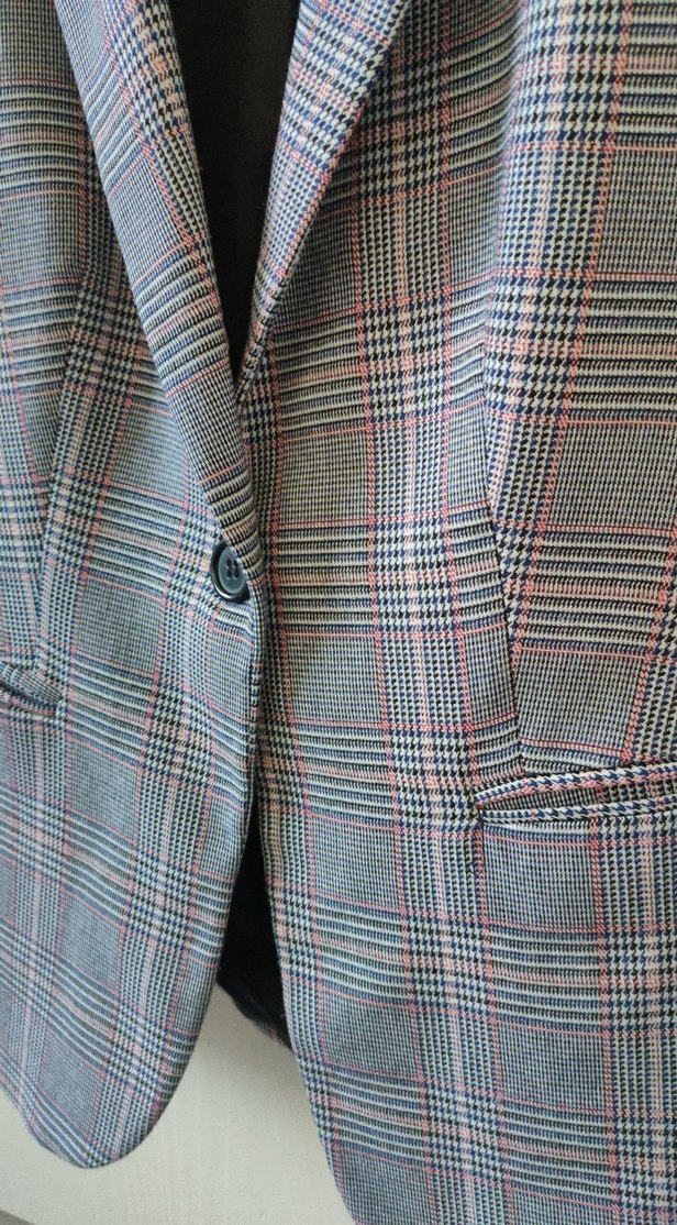 Gri Ekoseli Tek Düğmeli Kadın Blazer Ceket - Görsel 5