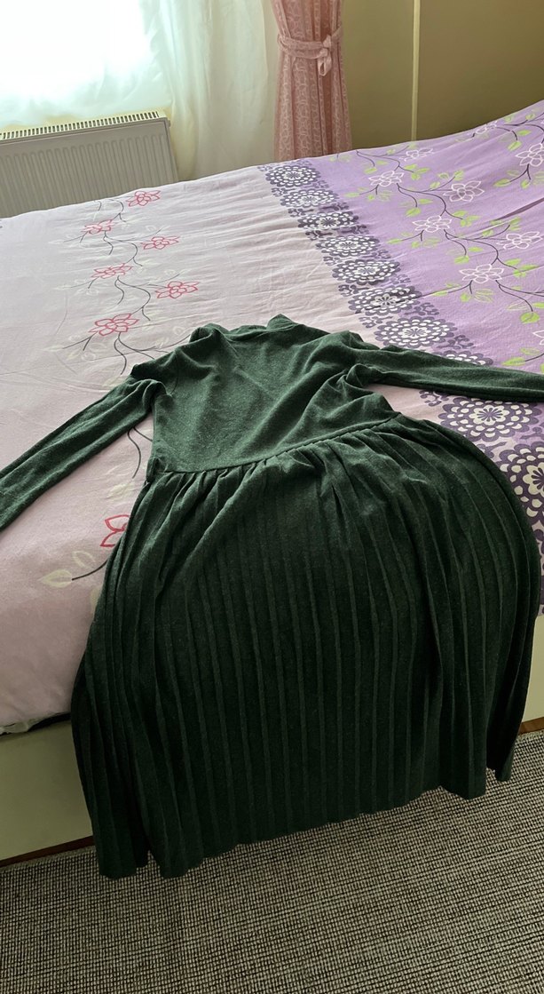 Yeşil Piliseli Uzun Keten Elbise - Görsel 3