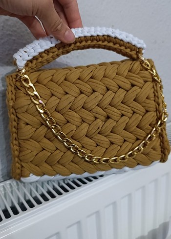 Örgü Bohem Kadın Çanta Beyaz-Kahverengi - Görsel 2