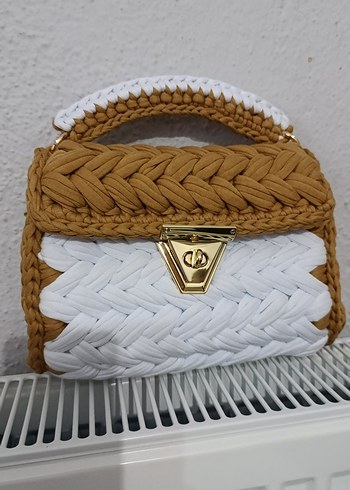 Örgü Bohem Kadın Çanta Beyaz-Kahverengi - Görsel 4