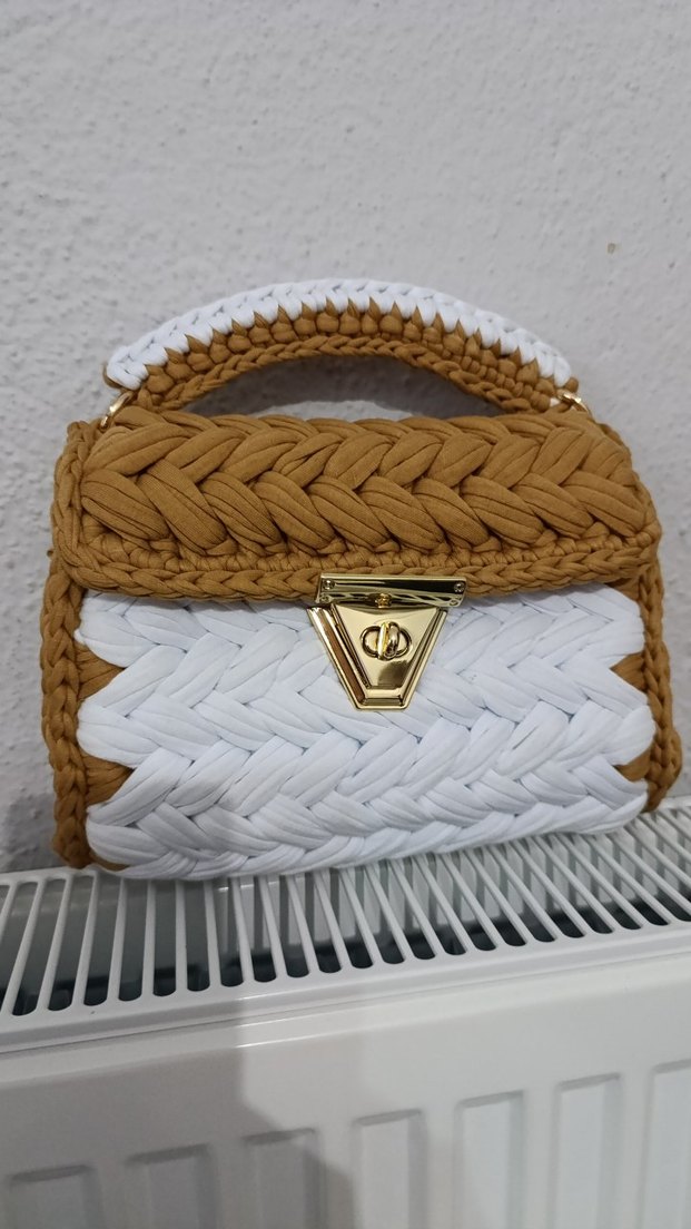 Örgü Bohem Kadın Çanta Beyaz-Kahverengi - Görsel 4
