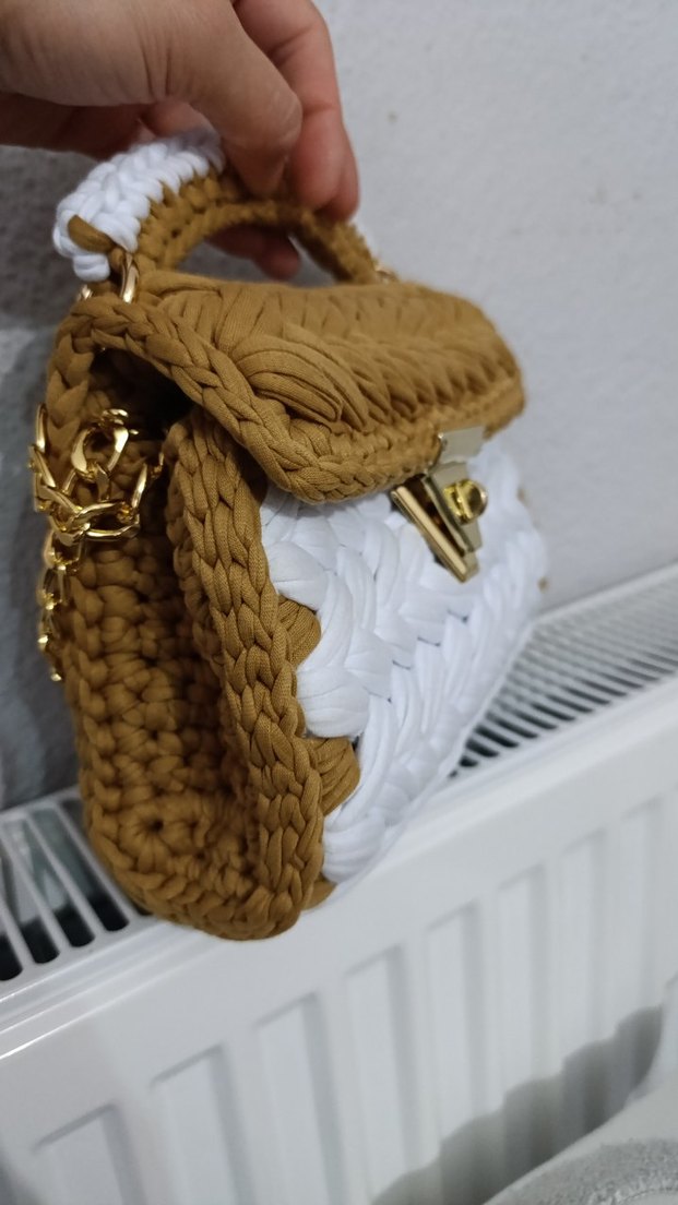 Örgü Bohem Kadın Çanta Beyaz-Kahverengi - Görsel 3