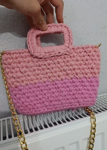 Zincir Detaylı Pembe Örgü Kadın Çanta - Görsel 2