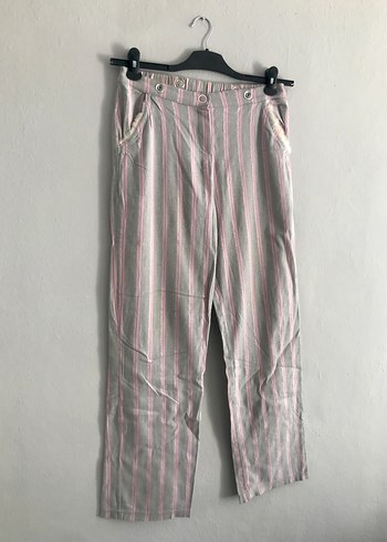 Bershka Düğmeli Pembe Çizgili Keten Kadın Pantolon Pijama