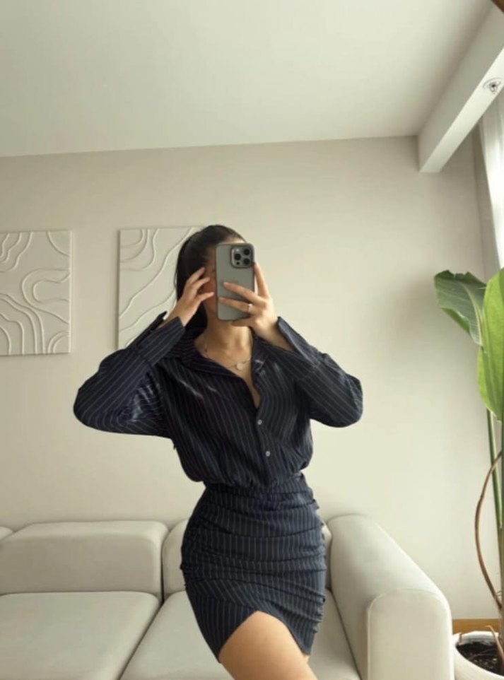 Çizgili lacıvert Mini Elbise - Görsel 3