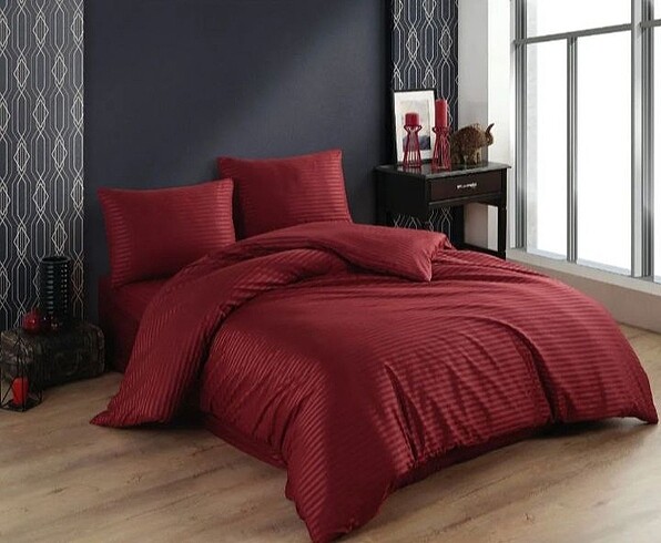 Lüks Premium Cotton Shine Çizgili Saten Bordo Nevresim Takımı
