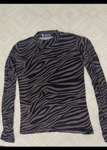 Kahverengi Zebra Desenli Uzun Kollu Bluz