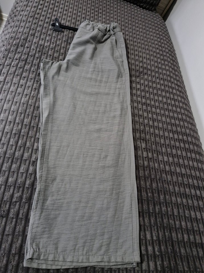 Gri Bol Kesim Keten Kadın Pantolon - Görsel 5