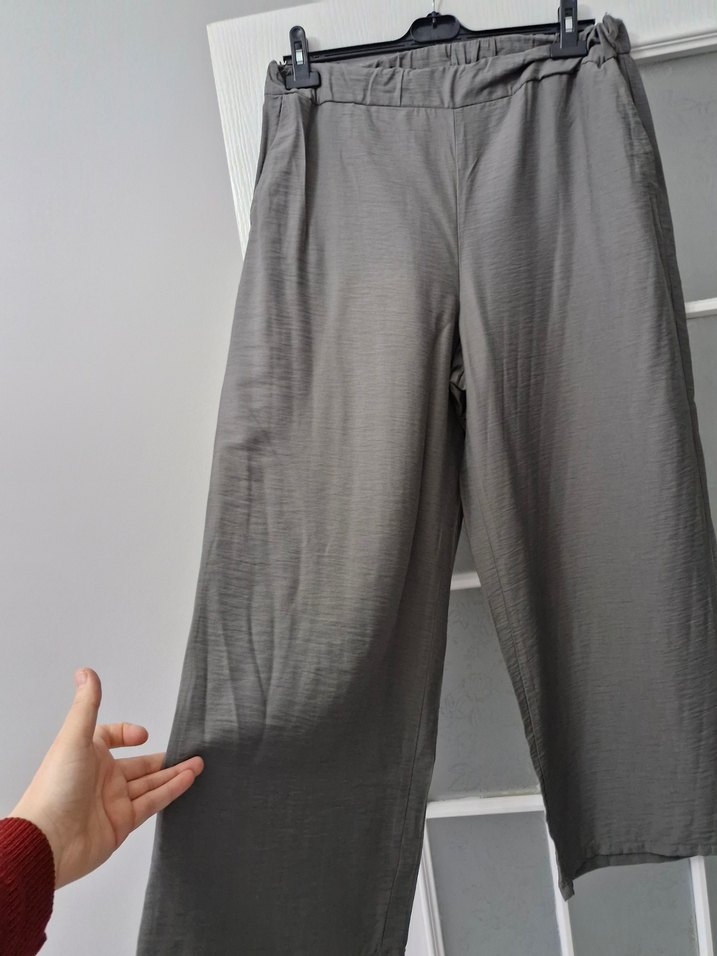 Gri Bol Kesim Keten Kadın Pantolon - Görsel 3