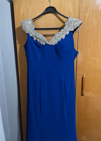 Mavi İşlemeli Payetli Uzun Abiye Elbise - Görsel 3