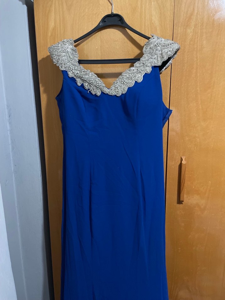 Mavi İşlemeli Payetli Uzun Abiye Elbise - Görsel 3