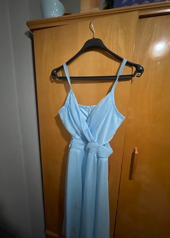 Mavi Uzun Askılı Drapeli Kadın Abiye Elbise - Görsel 3