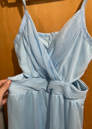 Mavi Uzun Askılı Drapeli Kadın Abiye Elbise - Görsel 2