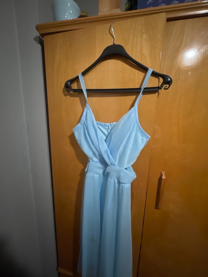 Mavi Uzun Askılı Drapeli Kadın Abiye Elbise - Görsel 3