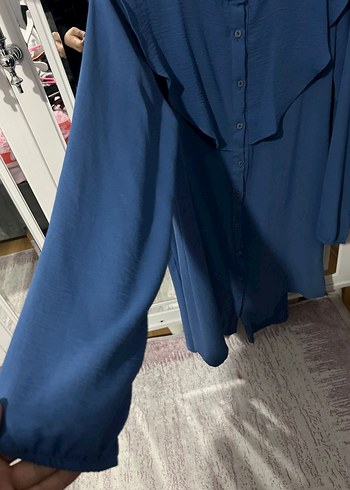 Uzun Kollu Mavi Fırfırlı Kadın Tunik pantolon takım - Görsel 3