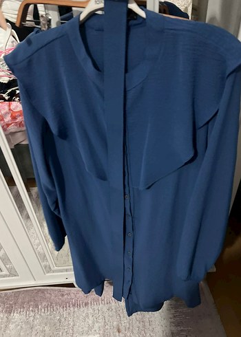 Uzun Kollu Mavi Fırfırlı Kadın Tunik pantolon takım - Görsel 2