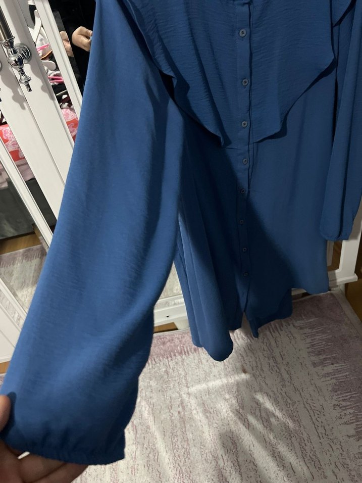 Uzun Kollu Mavi Fırfırlı Kadın Tunik pantolon takım - Görsel 3