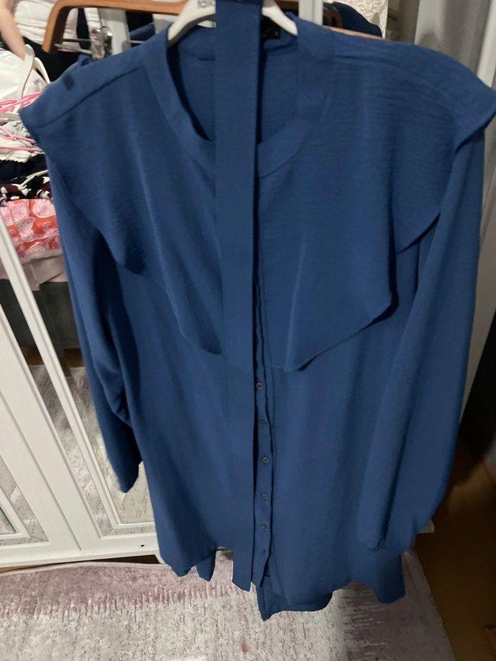 Uzun Kollu Mavi Fırfırlı Kadın Tunik pantolon takım - Görsel 2