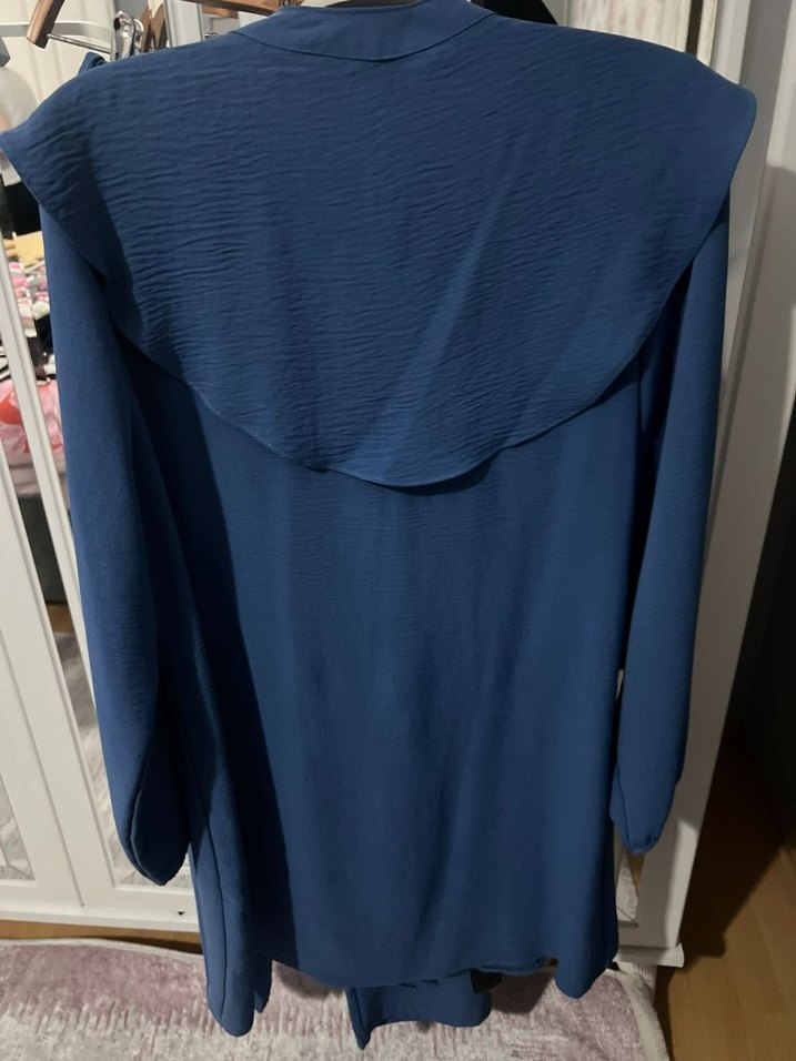 Uzun Kollu Mavi Fırfırlı Kadın Tunik pantolon takım - Görsel 4