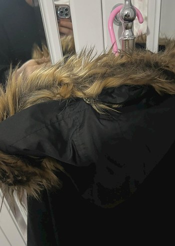 Siyah Uzun Kadın mont Kürklü Kapüşon - Görsel 5