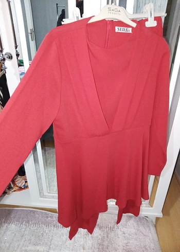 Kırmızı V Yakalı tunik pantolon takim - Görsel 3