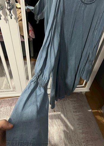 Gri Kadın Uzun Kollu Salaş Denim Tunik - Görsel 2