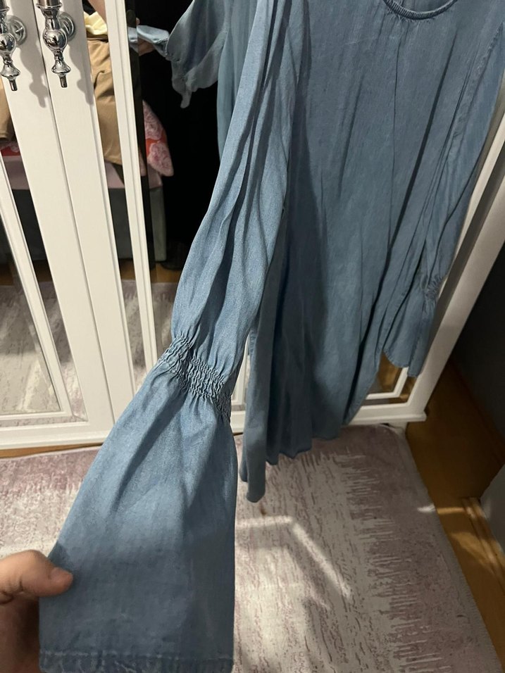 Gri Kadın Uzun Kollu Salaş Denim Tunik - Görsel 2