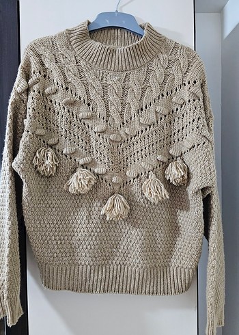 Bej Bohem Örgü Kadın Kazak - Görsel 2