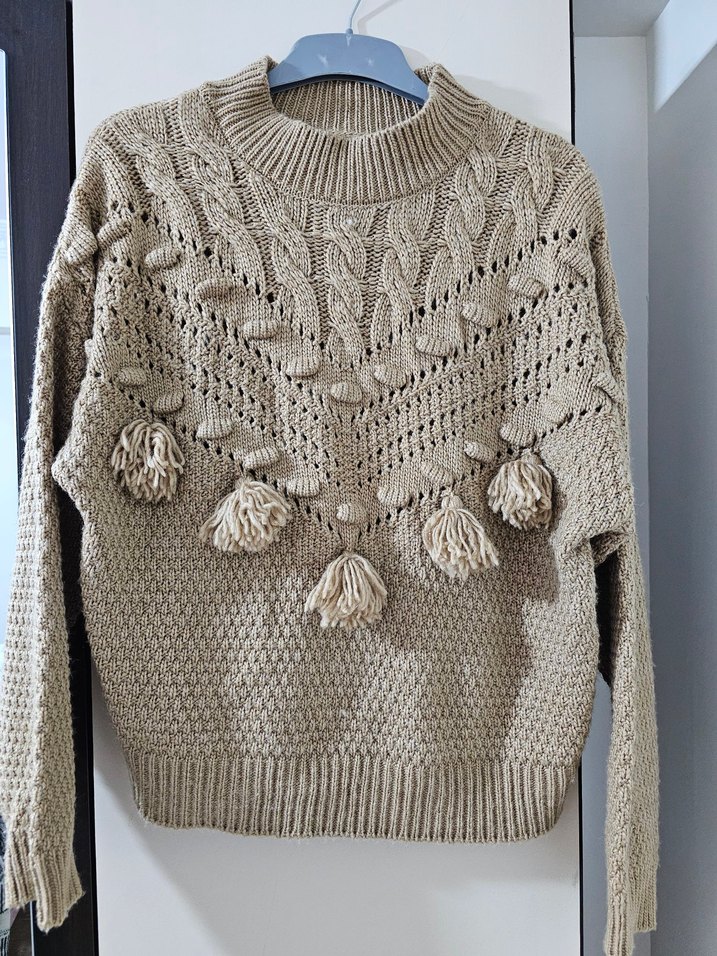 Bej Bohem Örgü Kadın Kazak - Görsel 2