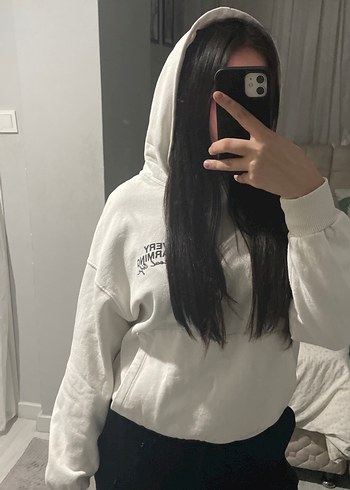 Beyaz Kapüşonlu Rahat Kesim Sweatshirt - Görsel 4