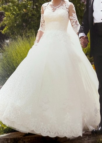 Dantelli Uzun Kollu Straplez Prenses Gelinlik - Görsel 4