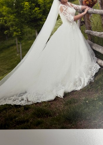 Dantelli Uzun Kollu Straplez Prenses Gelinlik - Görsel 3